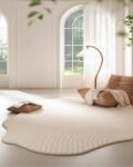 Minimalist Luxury Irregular Shaped Area Rug Cream White Curved Striped Texture Indoor Rugs 10x16 for Livingroom Bedroom Diningroom Nursery Dorm Guestroom Modern Neutral Washable Non Slip Soft Carpet