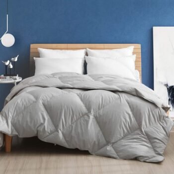 Organic Lightweight Feathers Down Comforter Queen Size | Thin All-Season Duvet Insert for Warm Weathers/Hot Sleepers | 100% Cotton Geometric Quilted Summer Blanket (90x90, Cloud Grey)