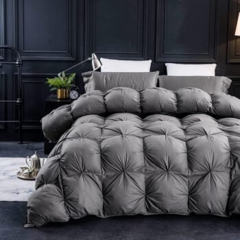 Pinch Pleat Feathers Down Comforter Queen Size Duvet Insert, 750+ Fill Power, 1200TC 100% Cotton Fabric, All Seasons Premium Grey Down Comforter with 8 Tabs.