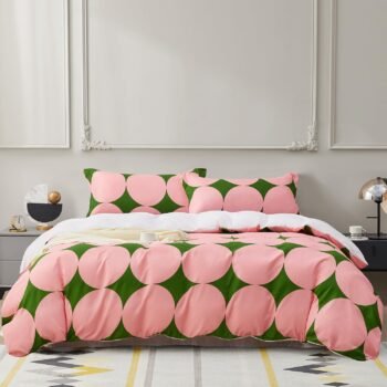 Pink Circular Geometric Pattern Duvet Cover King Size 3pcs Pink Green Circle Printed Microfiber Bedding Comforter Cover Set 1 Duvet Cover 2 Pillow Shams