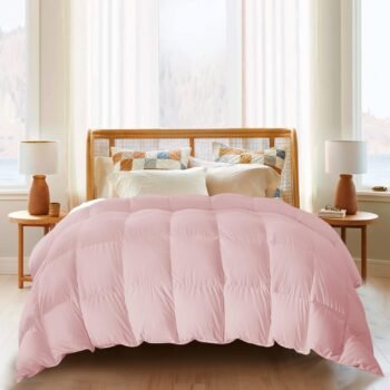 Lightweight Goose Feather Comforter Full/Queen Size, Summer Duvet Insert for Hot Sleepers/Warm Weather, Hotel Collection Comforter with 100% Cotton Cover (90x90 Inch, Pink)