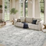 5x7 Area Rugs for Living Room Bedroom, Grey Washable Rug, Vintage Abstract Boho Rug, Non Slip & Low Pile Faux Wool Carpet for Indoor Dining Room and Farmhouse(Grey 5x7ft)