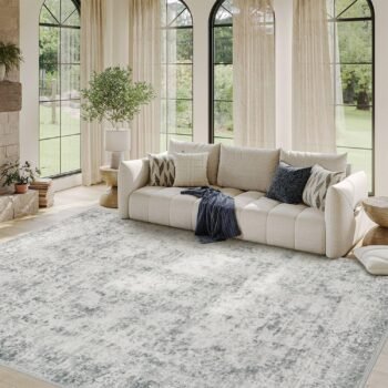 5x7 Area Rugs for Living Room Bedroom, Grey Washable Rug, Vintage Abstract Boho Rug, Non Slip & Low Pile Faux Wool Carpet for Indoor Dining Room and Farmhouse(Grey 5x7ft)