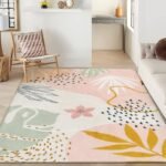 Pink Rug Machine Washable Area Rugs - 6x9 Non-Slip Large Living Room Rug Lightweight Throw Soft Carpet for Bedroom, Boho Botanical Print Ultra-Thin Indoor Rug for Classroom Nursery Dining Room