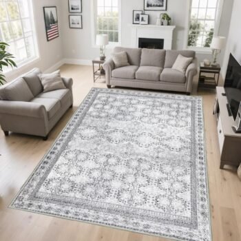5x7 Washable Area Rug for Living Room Faded Grey, Non Slip Vintage Floral Bedroom Rugs Retro, Traditional Indoor Floor Carpet for Dining Room, Kitchen, Farmhouse, Office Classroom