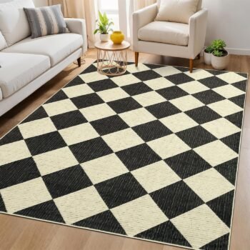 6x9 Modern Checkered Area Rug, Geometric Farmhouse Washable Rugs for Living Room Bedroom, Soft Low Pile Non Slip Diamond Floor Mat Plaid Print Throw Rug Indoor Carpet Kids Room Classroom
