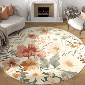 Floral Round Rug 6ft Area Rug Indoor Circle 6' Round Washable Modern Oriental Flower Print Non Slip Carpet for Living Room Dining Room Bedroom Office Decor Pink/Grey