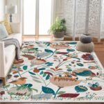 Bohemian Bird Area Rug Washable Floral Bedroom Low-Pile Soft Playroom Carpet, Jungle Pattern Vintage Indoor Floor Rug for Living Room and Nursery 10'x13' Beige
