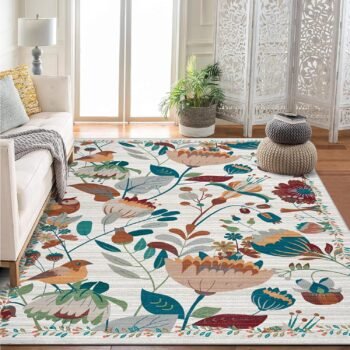 Bohemian Bird Area Rug Washable Floral Bedroom Low-Pile Soft Playroom Carpet, Jungle Pattern Vintage Indoor Floor Rug for Living Room and Nursery 10'x13' Beige
