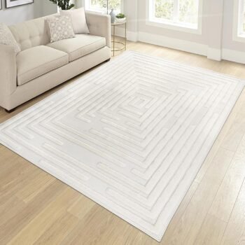 Collection High-Low Striped Cream Indoor Area Rug, 9'x12', Modern, Contemporary, Geometric, Bohemian, Bedroom, Kitchen, Living Room, Non Shedding Carpet