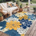 Indoor Outdoor Area Rug 6'x9', Machine Washable Rugs for Patio, Waterproof, Non-Slip Easy Cleaning Floral Outdoor Mat Carpet for Living Room, Bedroom, RV, Balcony, Deck, Camping, Navy Blue