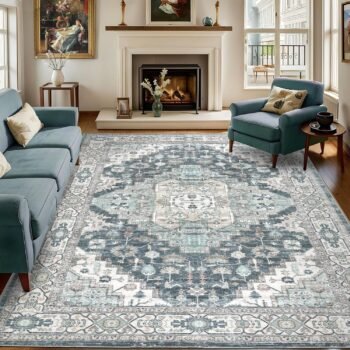 8x10 Vintage Washable Area Rug for Living Room,Low Pile Non Slip Carpet Non-Shedding Large Area Rug Soft Indoor Stain Resistant Rug Boho Print Mat for Bedroom Dining Room Blue Beige Multi