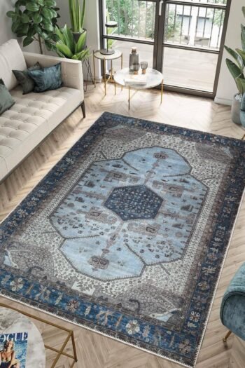 10x14 Rug - Machine Washable Area Rug with Non-Slip Backing, Ideal for Living Room, Dining Room, Bedroom - Vintage, Easy Clean, Durable, Low Pile Rug - (9'7" x 14')