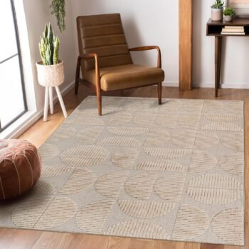 Collection High-Low Beige Indoor Area Rug, 9'x12', Modern, Contemporary, Geometric, Bohemian, Bedroom, Kitchen, Living Room, Non Shedding Carpet