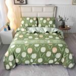 3PCS Green Floral Duvet Cover Queen Set, 1 Duvet Cover and 2 Pillowcase, Soft Microfiber, Green Floral Queen Duvet Cover with Zipper and Corner Ties
