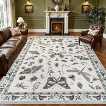 9x12 Area Rugs Living Room Rug: Vintage Washable Rug Floral Soft Carpet Indoor Floor Non-Slip Boho Stain Resistant Large Carpets for Bedroom Kids Nursery Dining Room Farmhouse Home Office Beige