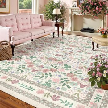 Floral Washable Rugs 8x10 Large Vintage Living Room Carpet Boho Non-Slip Soft Low Pile Thin Bedroom Floor Mat Indoor for Dining Room Playroom Nursery Farmhouse, Beige/Light Pink/Multi