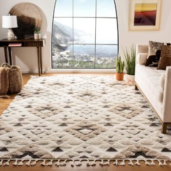Tassel Shag Collection Area Rug - 8' Square, Ivory & Brown, Non-Shedding & Easy to Clean, Plush High-Low Texture, Ideal for Living Room, Bedroom, Dining Space (MTS688A)